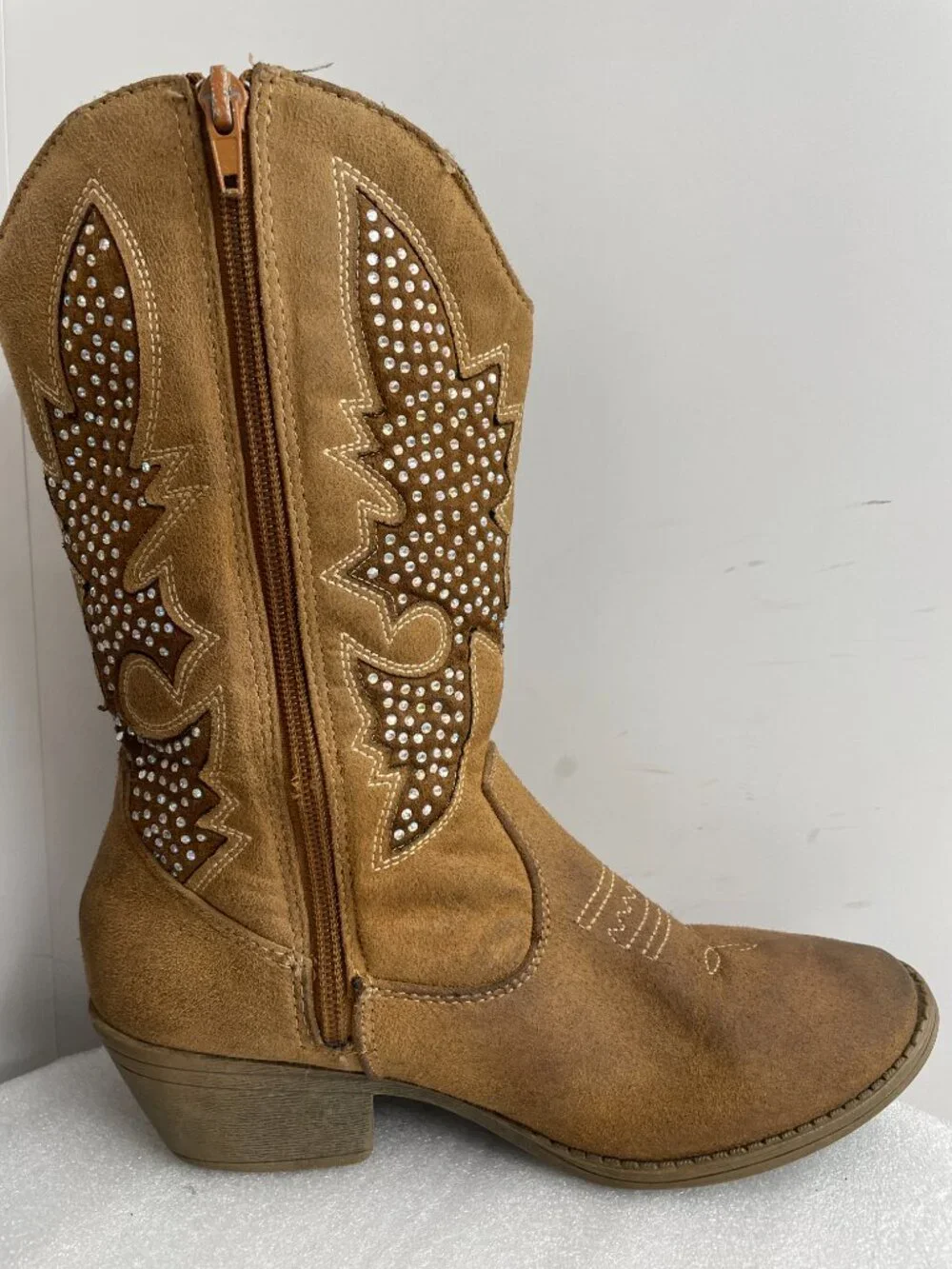 Justice Rhinestone Glitter Brown Faux Leather Cowgirl Western Boots Girls 7